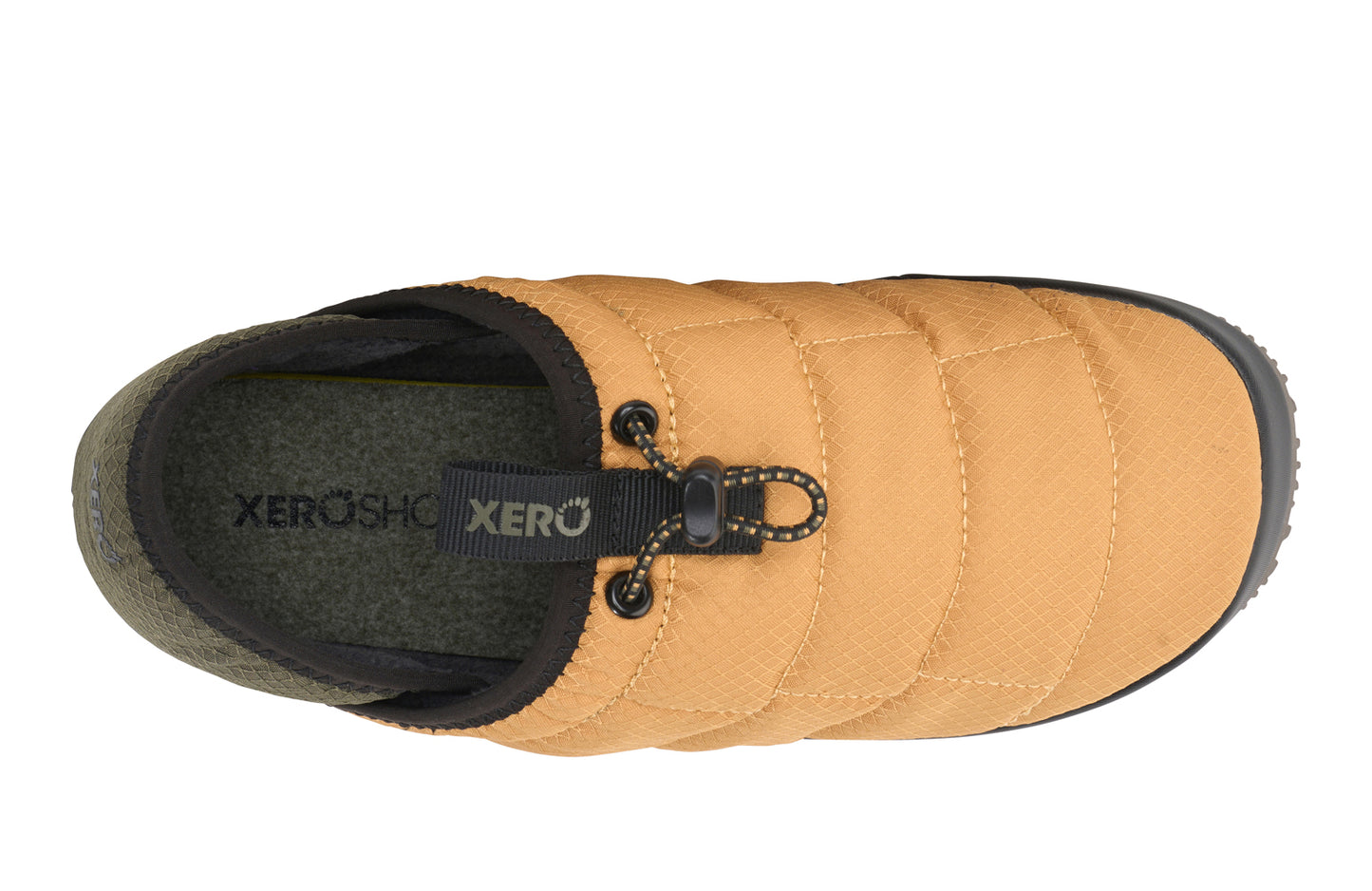 Xero Shoes Canada, specifically men’s barefoot shoes Canada. These minimalist shoes have flexible soles, wide toe boxes, and zero drop. Top view of Xero Men's Pagosa Fireside in Oak Buff. Comfy fluffy slipper.