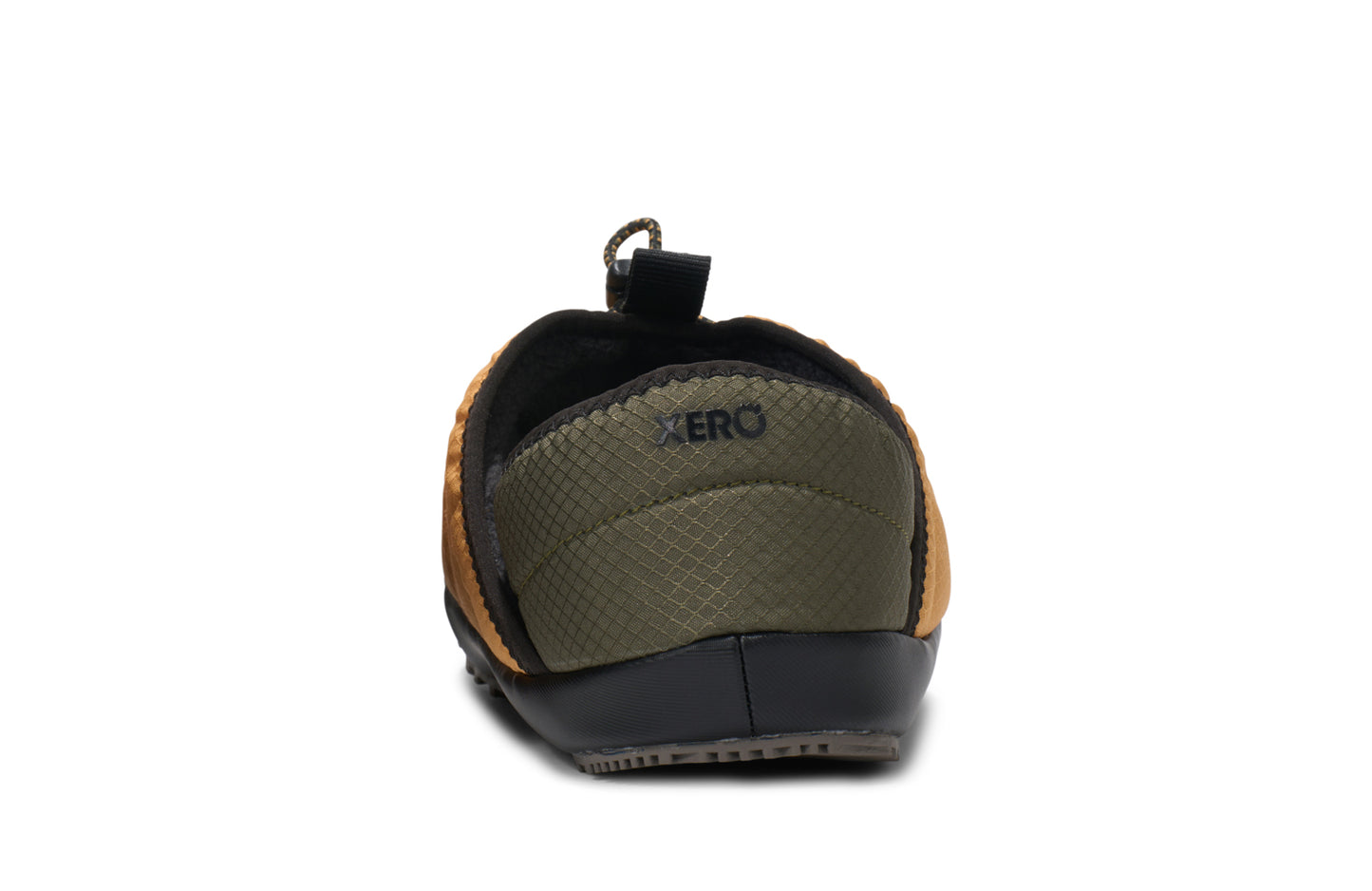 Xero Shoes Canada, specifically men’s barefoot shoes Canada. These minimalist shoes have flexible soles, wide toe boxes, and zero drop. Back view of Xero Men's Pagosa Fireside in Oak Buff. Comfy fluffy slipper.