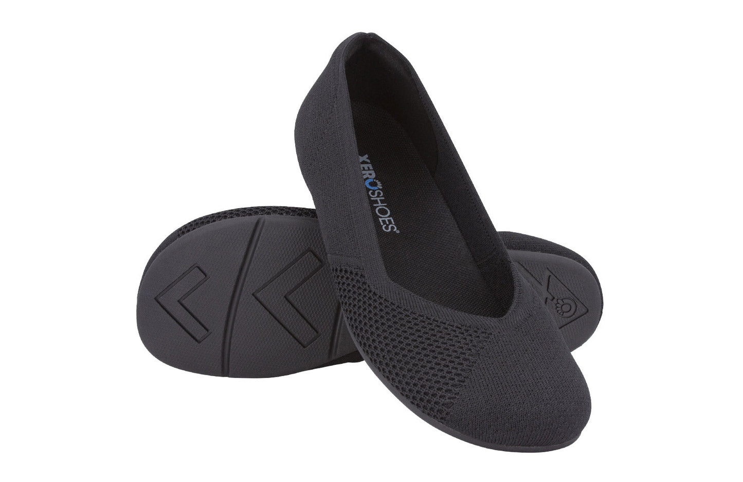 Xero Shoes Canada, specifically women’s barefoot shoes Canada. These minimalist shoes have flexible soles, wide toe boxes, and zero drop. Angled pair view of Xero Women's Phoenix Knit in Black. Women's casual flat.