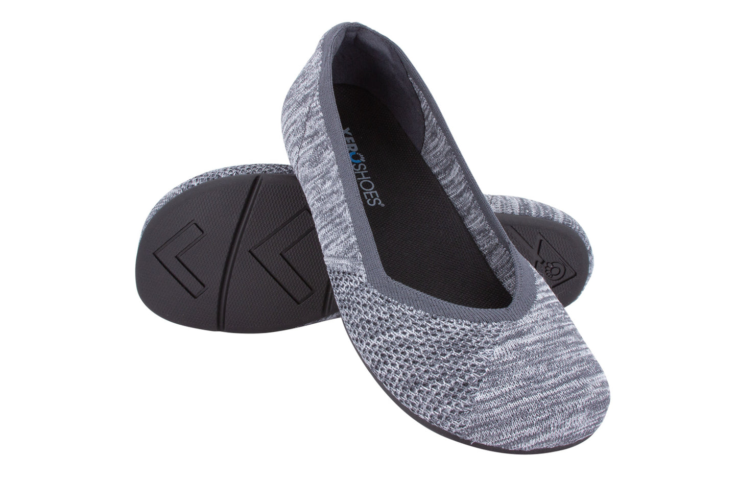 Xero Shoes Canada, specifically women’s barefoot shoes Canada. These minimalist shoes have flexible soles, wide toe boxes, and zero drop. Angled pair view of Xero Women's Phoenix Knit in Gray. Women's casual flat.