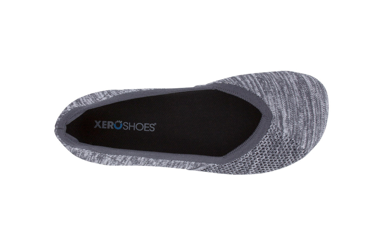 Xero Shoes Canada, specifically women’s barefoot shoes Canada. These minimalist shoes have flexible soles, wide toe boxes, and zero drop. Top view of Xero Women's Phoenix Knit in Gray. Women's casual flat.