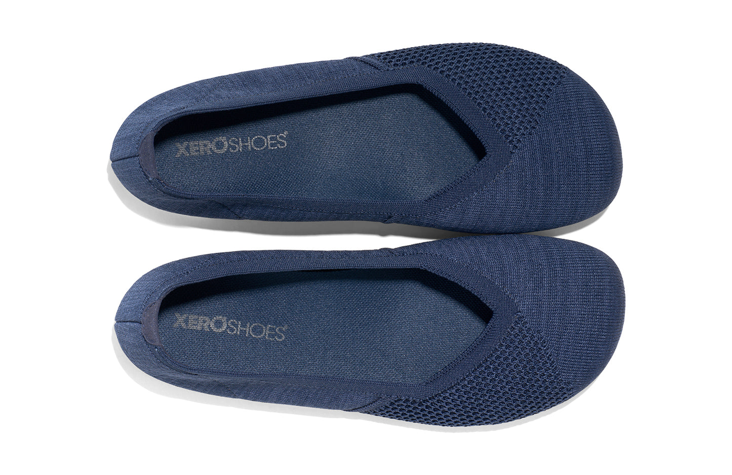 Xero Shoes Canada, specifically women’s barefoot shoes Canada. These minimalist shoes have flexible soles, wide toe boxes, and zero drop. Top view of Xero Women's Phoenix Knit in Blues. Women's casual flat.