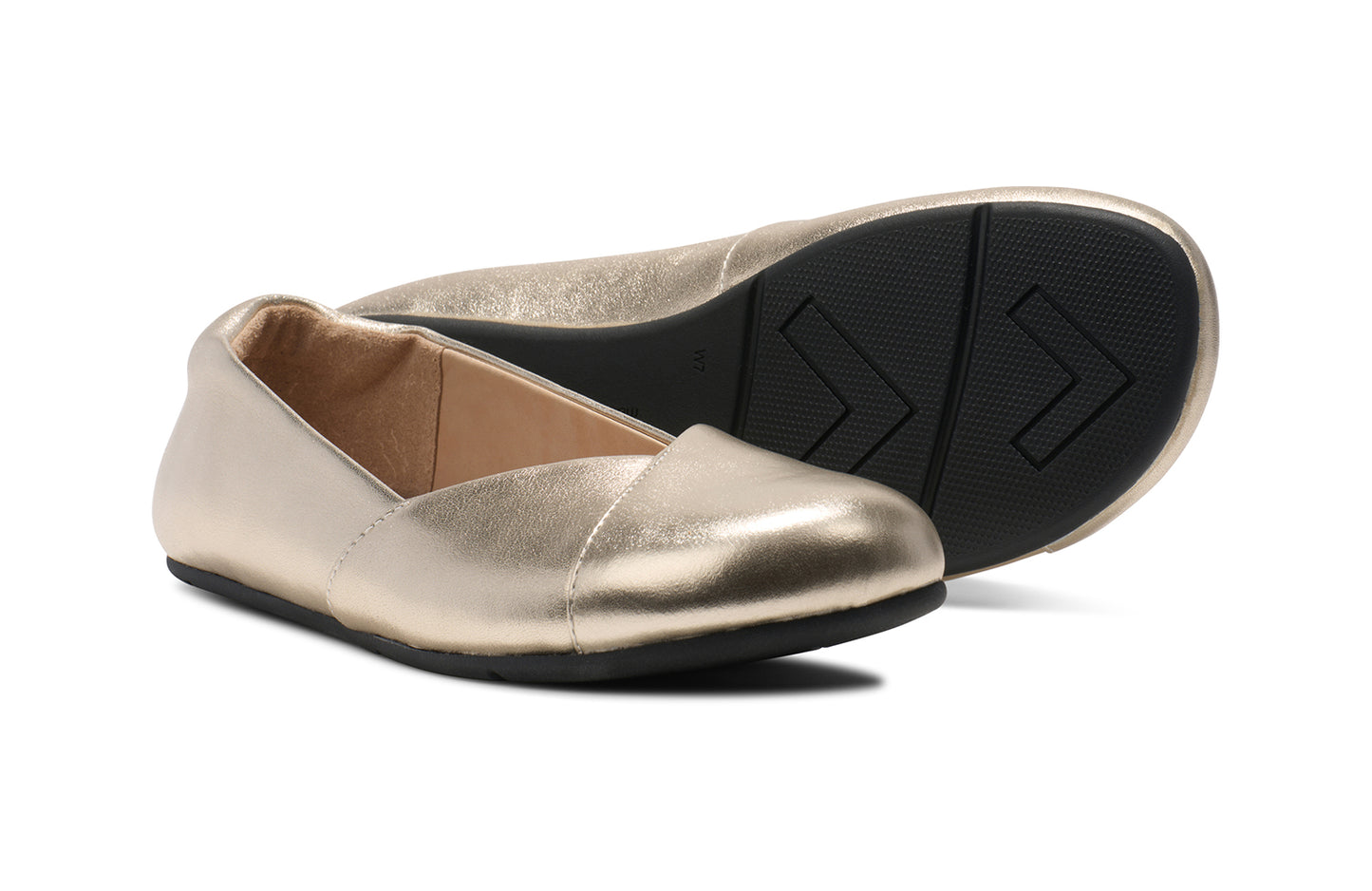 Xero Shoes Canada, specifically women’s barefoot shoes Canada. These minimalist shoes have flexible soles, wide toe boxes, and zero drop. Pair view of Xero Women's Phoenix Leather in Gold Metallic. Women's elegant flat.