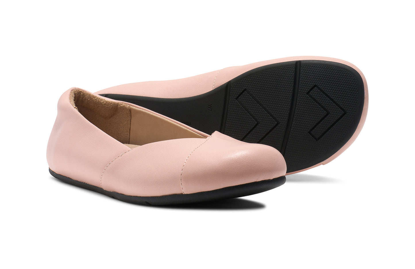 Xero Shoes Canada, specifically women’s barefoot shoes Canada. These minimalist shoes have flexible soles, wide toe boxes, and zero drop. Angled view of Xero Women's Phoenix Leather in Pink Sand. Women's elegant flat.
