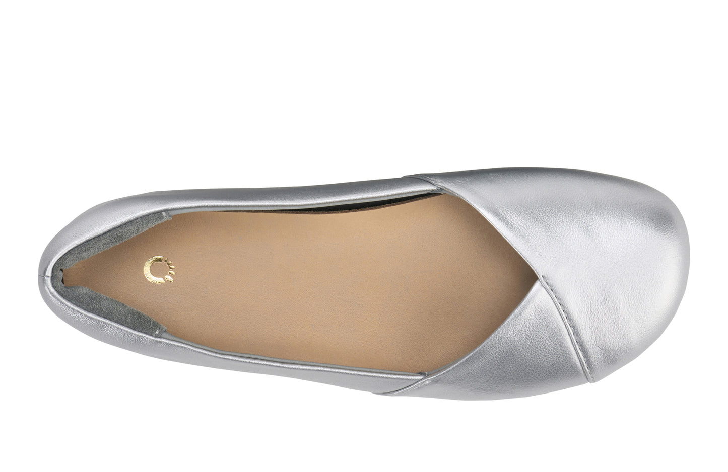 Xero Shoes Canada, specifically women’s barefoot shoes Canada. These minimalist shoes have flexible soles, wide toe boxes, and zero drop. Top view of Xero Women's Phoenix Leather in Silver Metallic. Women's elegant flat.