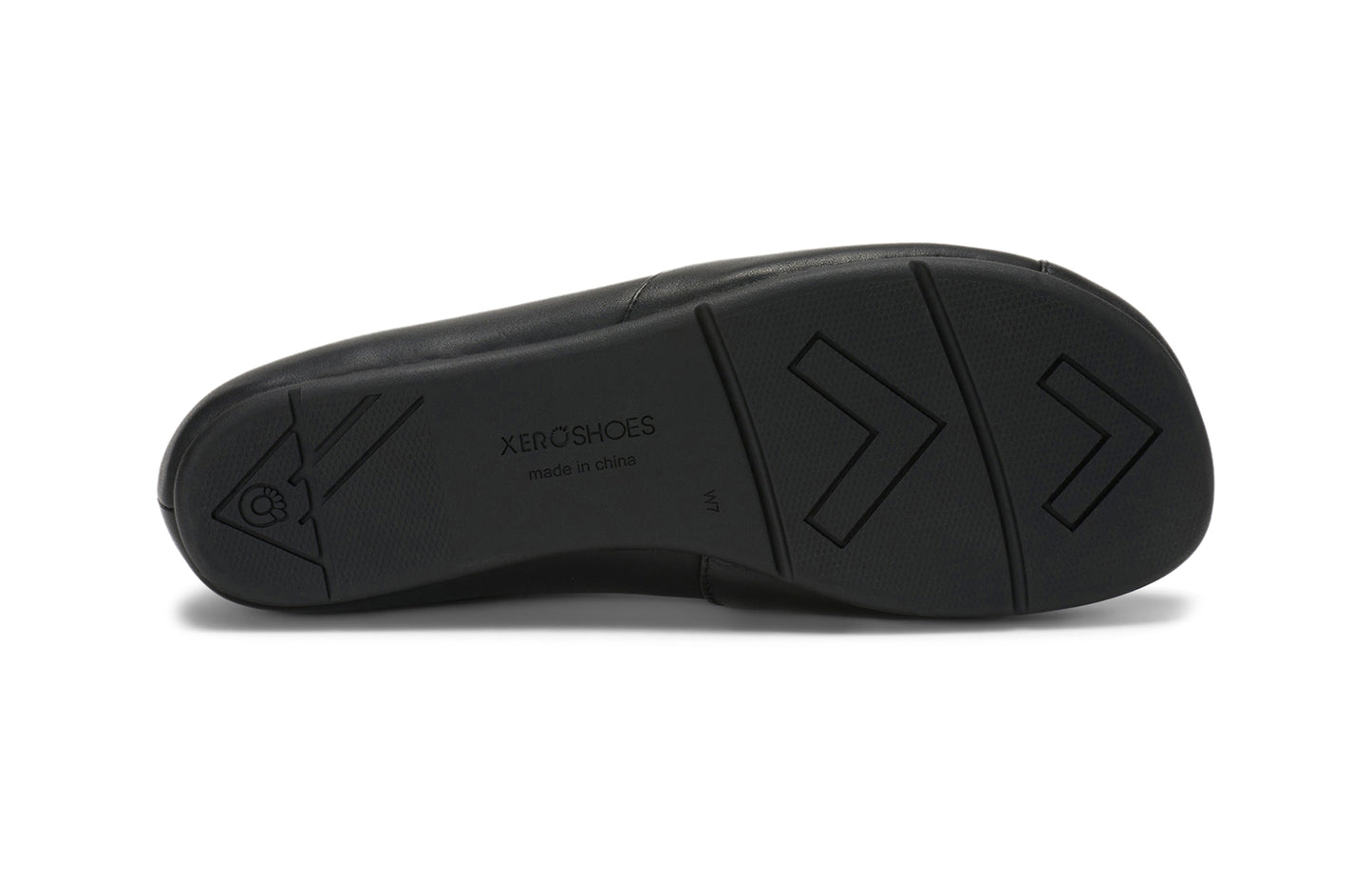 Xero Shoes Canada, specifically women’s barefoot shoes Canada. These minimalist shoes have flexible soles, wide toe boxes, and zero drop. Sole view of Xero Women's Phoenix Leather in Black. Women's elegant flat.