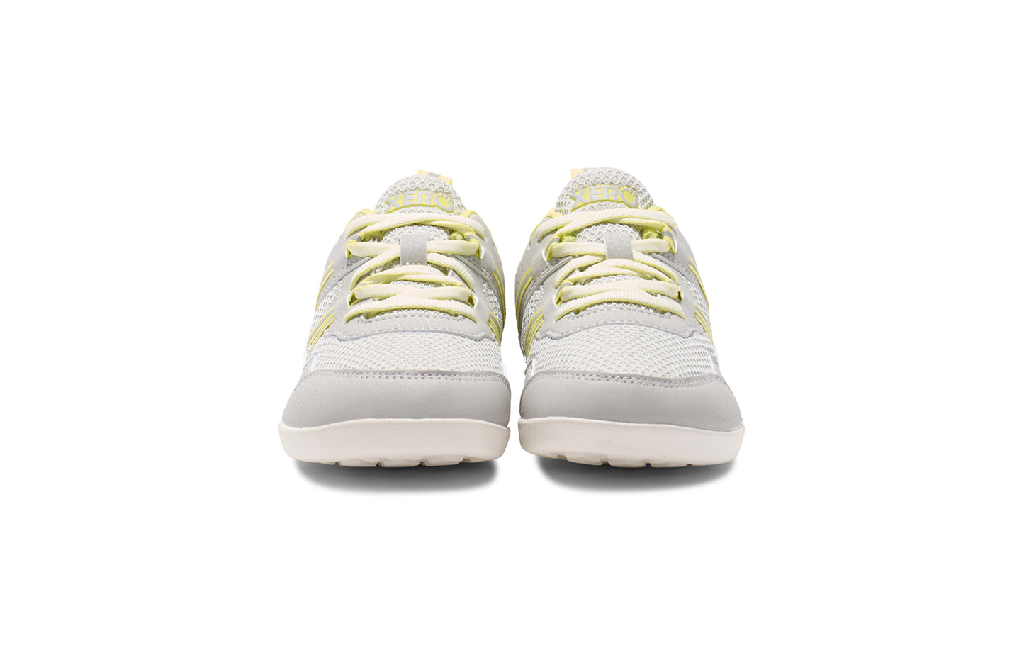 Xero Barefoot Shoes for kids sold in Ontario, Canada. These minimalist shoes have flexible soles, wide toe boxes, and zero drop. Front view of Xero Kid's Prio in Lunar Rock/Sunny Lime. Casual kid's sneaker.