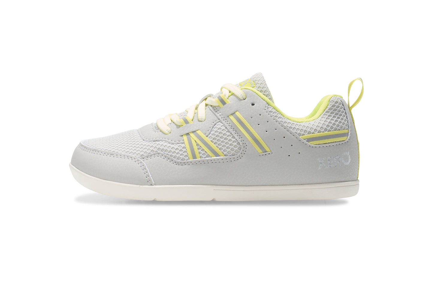 Xero Barefoot Shoes for kids sold in Ontario, Canada. These minimalist shoes have flexible soles, wide toe boxes, and zero drop. Medial side view of Xero Kid's Prio in Lunar Rock/Sunny Lime. Casual kid's sneaker.