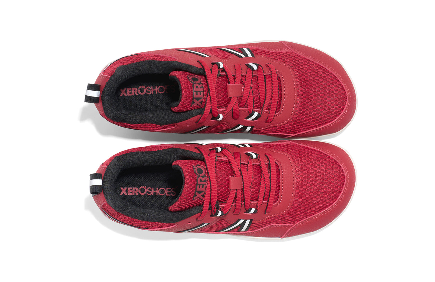 Xero Barefoot Shoes for kids sold in Ontario, Canada. These minimalist shoes have flexible soles, wide toe boxes, and zero drop. Top view of Xero Kid's Prio in Salsa Red/Black. Casual kid's sneaker.