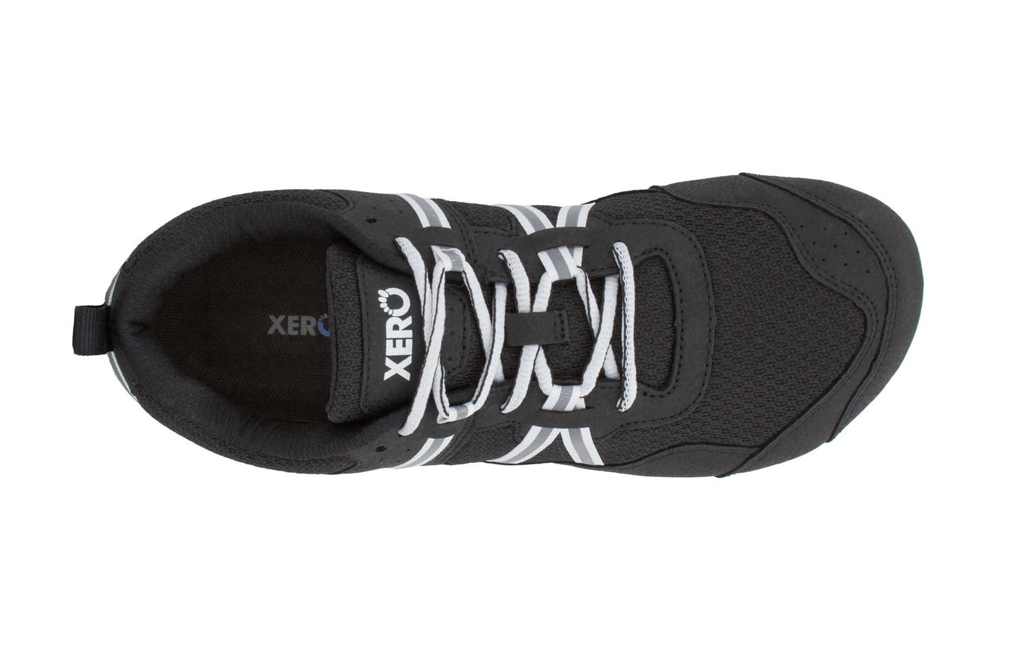 Xero Shoes Canada, specifically men’s barefoot shoes Canada. These minimalist shoes have flexible soles, wide toe boxes, and zero drop. Top view of Xero Men's Prio in Black White. A running and fitness shoe.