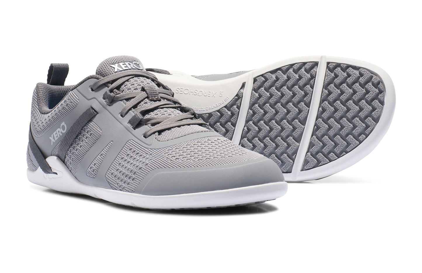 Xero Shoes Canada, specifically barefoot running shoes Canada. These minimalist shoes have flexible soles, wide toe boxes, and zero drop. Pair view of Xero Men's Prio Neo in Alloy. Shoes made for performance and comfort.