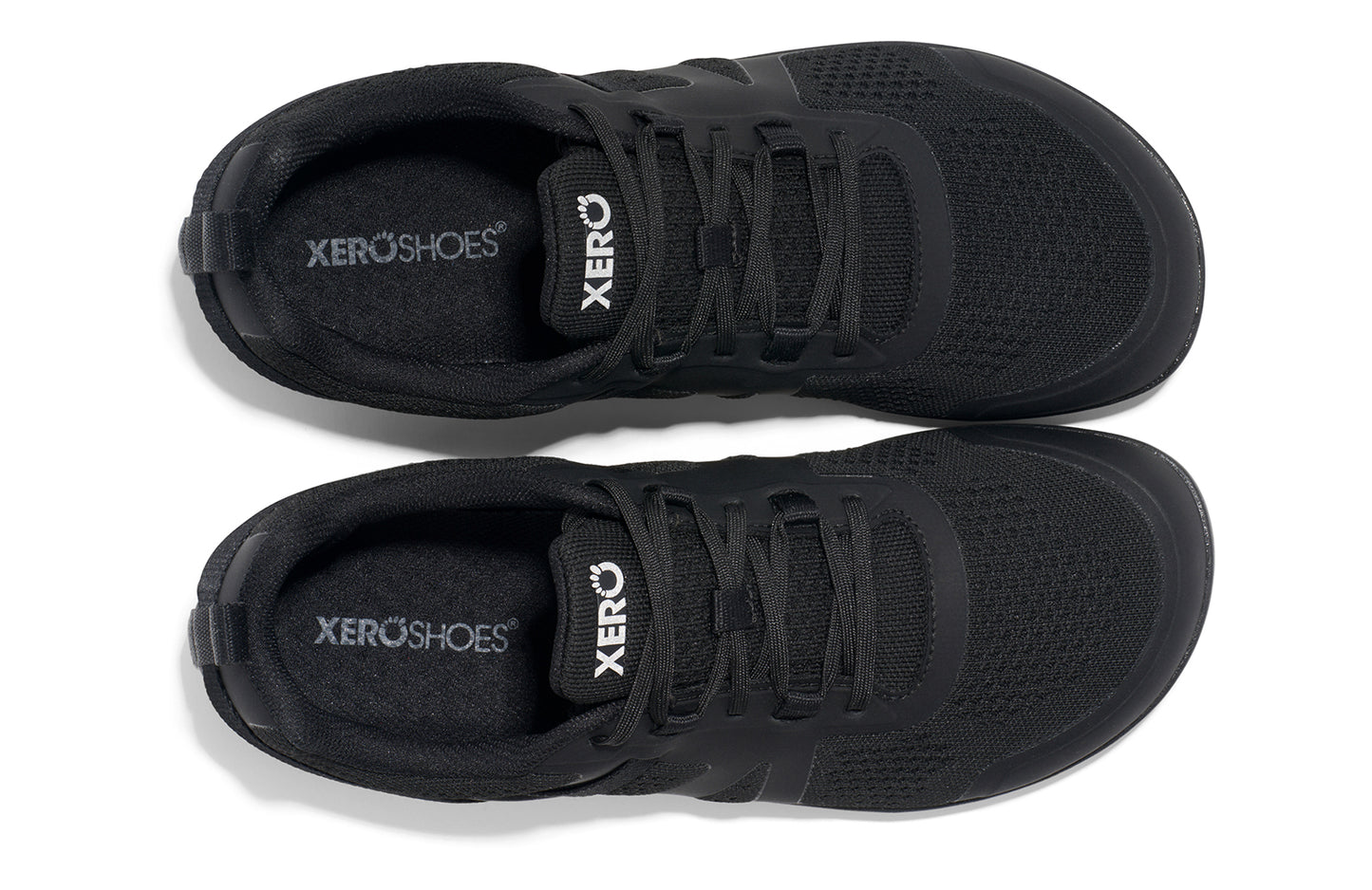 Xero Shoes Canada, specifically barefoot running shoes Canada. These minimalist shoes have flexible soles, wide toe boxes, and zero drop. Top view of Xero Men's Prio Neo in Black. Shoes made for performance and comfort.