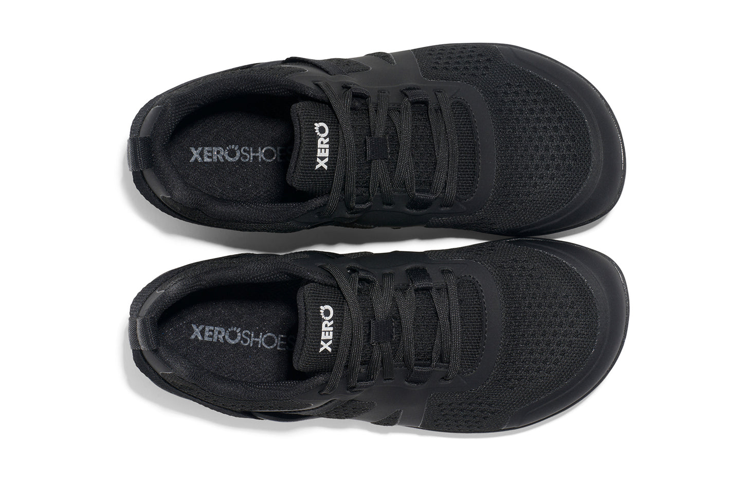 Xero Shoes Canada, specifically barefoot running shoes Canada. These minimalist shoes have flexible soles, wide toe boxes, and zero drop. Top view of Xero Women's Prio Neo in Black. Shoes made for performance and comfort.