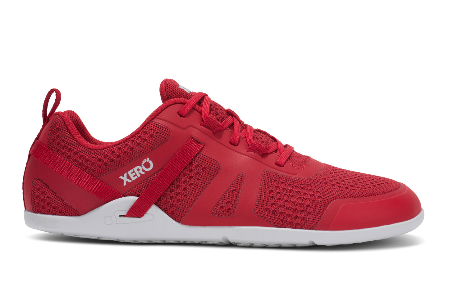 Xero Shoes Canada, specifically barefoot running shoes Canada. These minimalist shoes have flexible soles, wide toe boxes, and zero drop. Side view of Xero Men's Prio Neo in Salsa Red. Shoes made for performance and comfort.