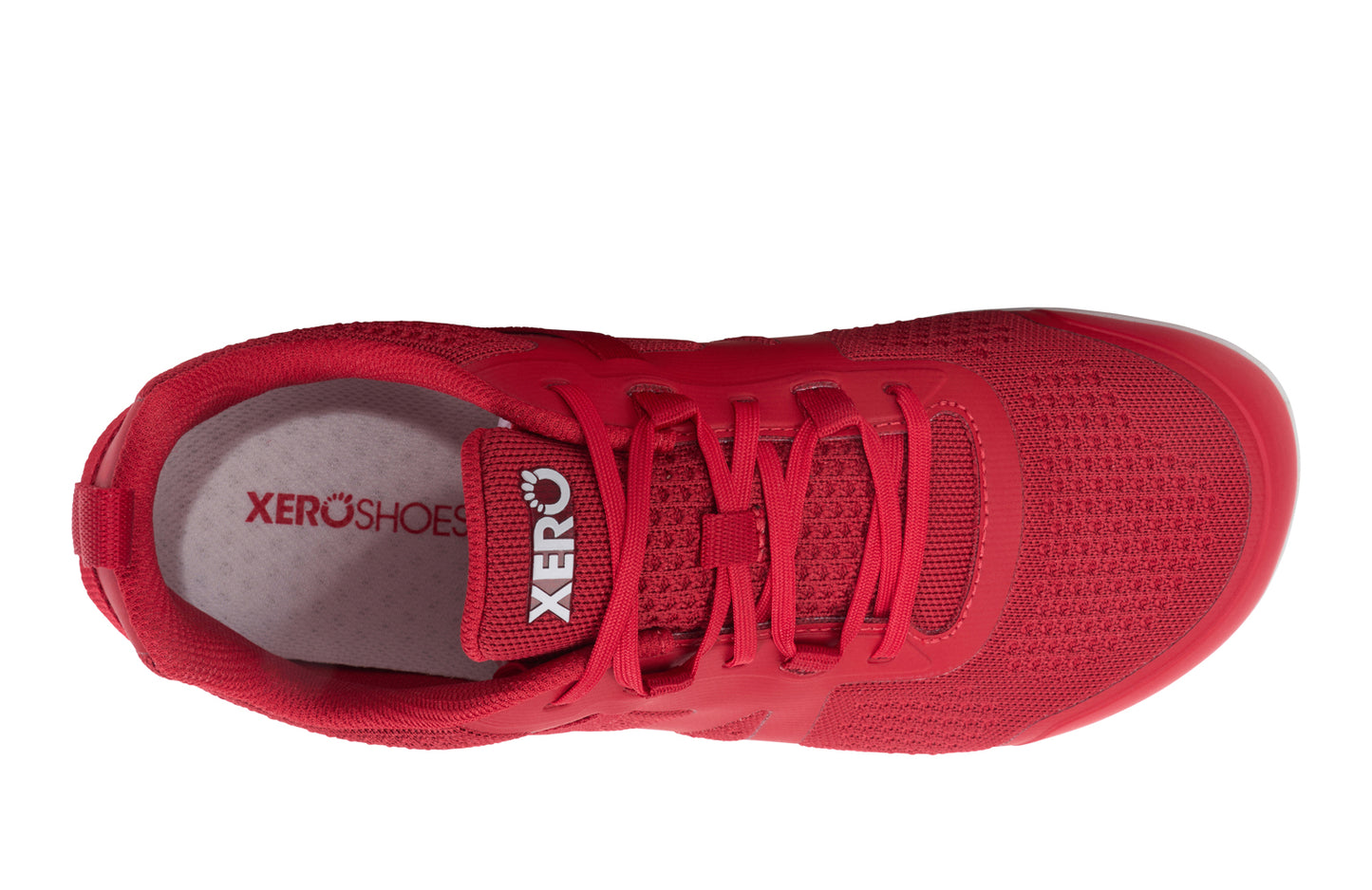 Xero Shoes Canada, specifically barefoot running shoes Canada. These minimalist shoes have flexible soles, wide toe boxes, and zero drop. Top view of Xero Men's Prio Neo in Salsa Red. Shoes made for performance and comfort.