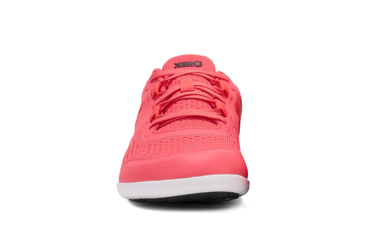 Xero Shoes Canada, specifically barefoot running shoes Canada. These minimalist shoes have flexible soles, wide toe boxes, and zero drop. Front view of Xero Women's Prio Neo in Sunset Coral. Shoes made for performance and comfort.
