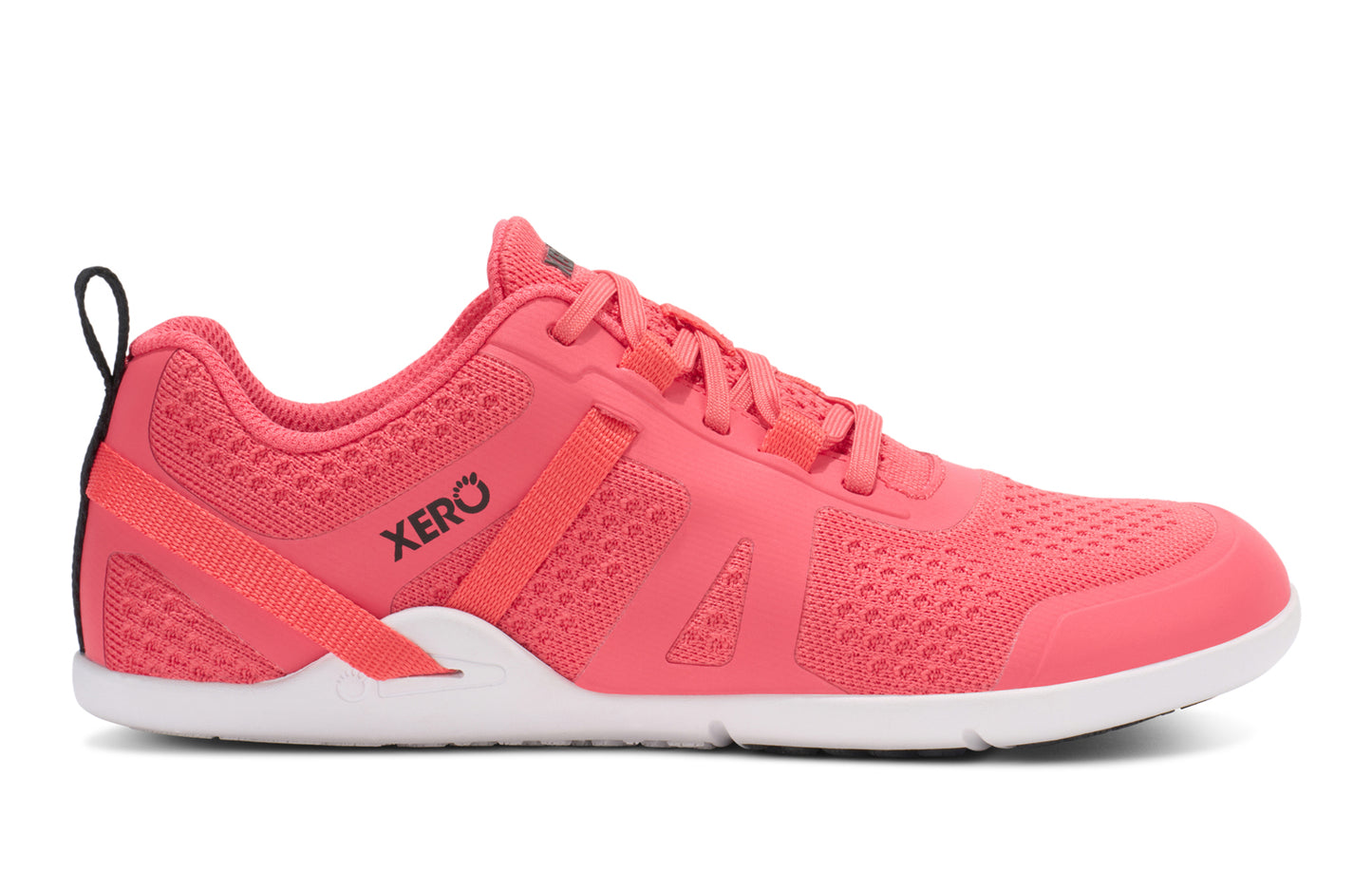 Xero Shoes Canada, specifically barefoot running shoes Canada. These minimalist shoes have flexible soles, wide toe boxes, and zero drop. Side view of Xero Women's Prio Neo in Sunset Coral. Shoes made for performance and comfort.