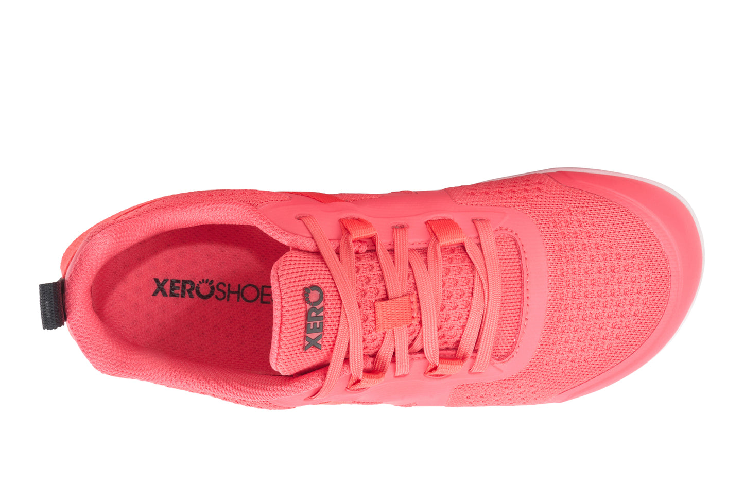 Xero Shoes Canada, specifically barefoot running shoes Canada. These minimalist shoes have flexible soles, wide toe boxes, and zero drop. Top view of Xero Women's Prio Neo in Sunset Coral. Shoes made for performance and comfort.