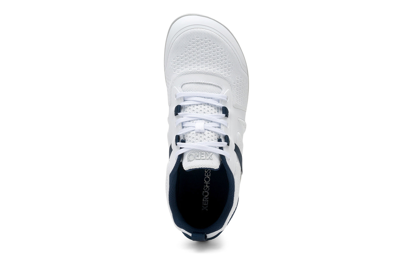 Xero Shoes Canada, specifically barefoot running shoes Canada. These minimalist shoes have flexible soles, wide toe boxes, and zero drop. Top view of Xero Men's Prio Neo in White. Shoes made for performance and comfort.