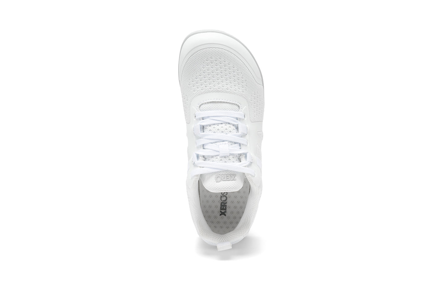 Xero Shoes Canada, specifically barefoot running shoes Canada. These minimalist shoes have flexible soles, wide toe boxes, and zero drop. Top view of Xero Women's Prio Neo in White. Shoes made for performance and comfort.