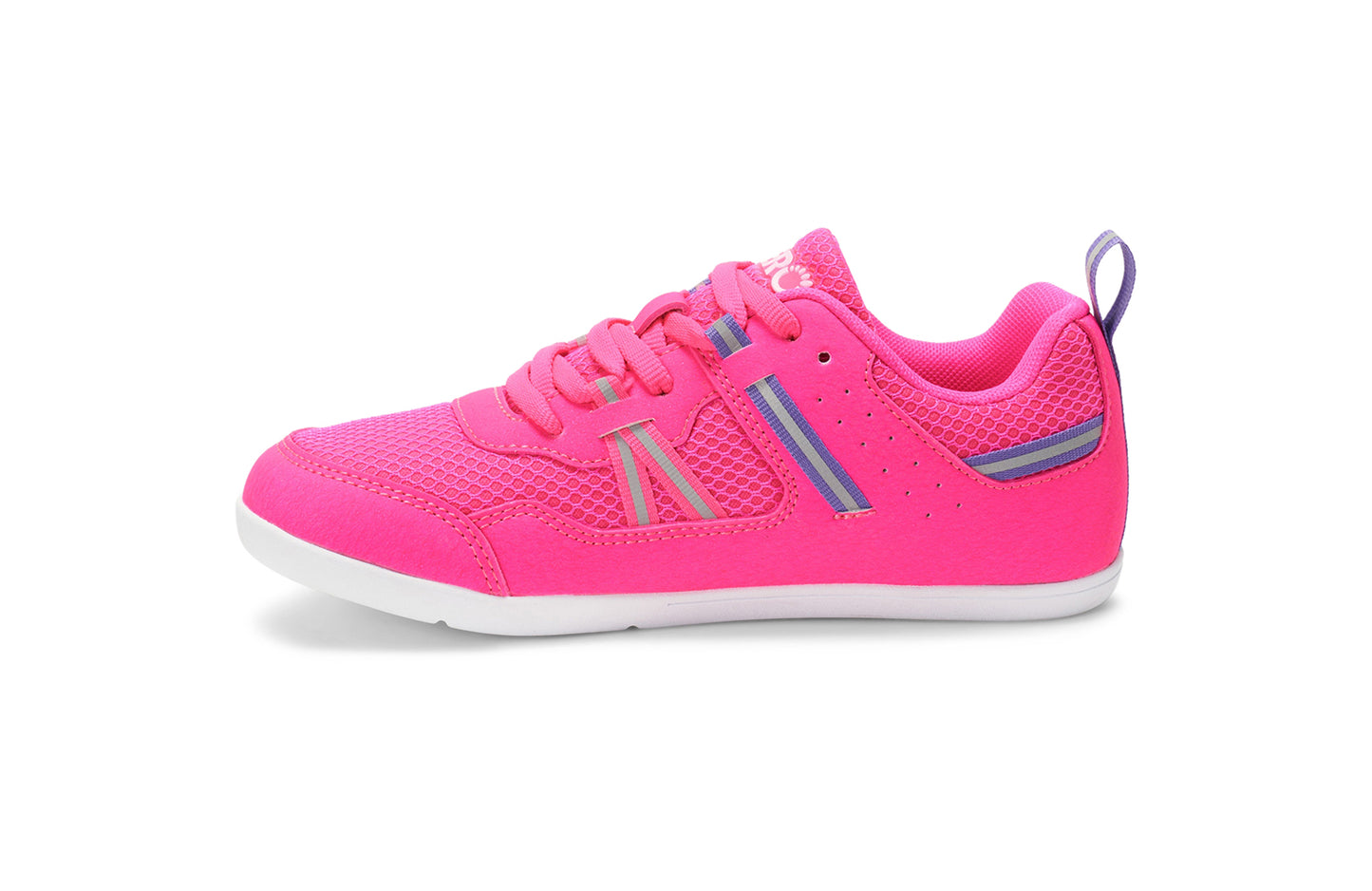 Xero Barefoot Shoes for kids sold in Ontario, Canada. These minimalist shoes have flexible soles, wide toe boxes, and zero drop. Medial side view of Xero Kid's Prio in Pink. Casual kid's sneaker.