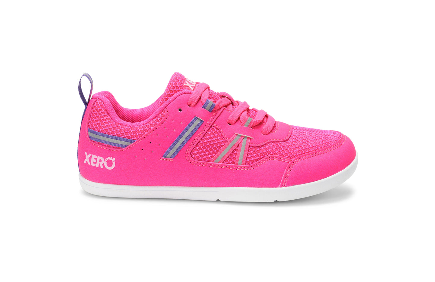 Xero Barefoot Shoes for kids sold in Ontario, Canada. These minimalist shoes have flexible soles, wide toe boxes, and zero drop. Lateral side view of Xero Kid's Prio in Pink. Casual kid's sneaker.