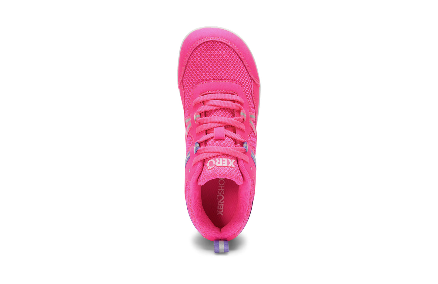 Xero Barefoot Shoes for kids sold in Ontario, Canada. These minimalist shoes have flexible soles, wide toe boxes, and zero drop. Top view of Xero Kid's Prio in Pink. Casual kid's sneaker.