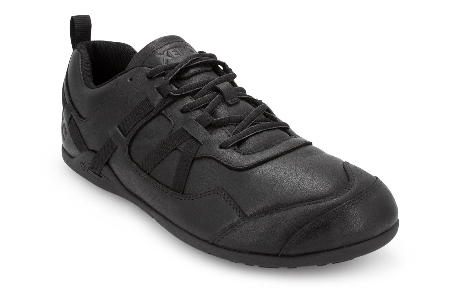 Xero Shoes Canada, specifically men’s barefoot shoes Canada. These minimalist shoes have flexible soles, wide toe boxes, and zero drop. Angled view of Xero Men's Prio All-Day SR in Black. Slip resistant work shoe.
