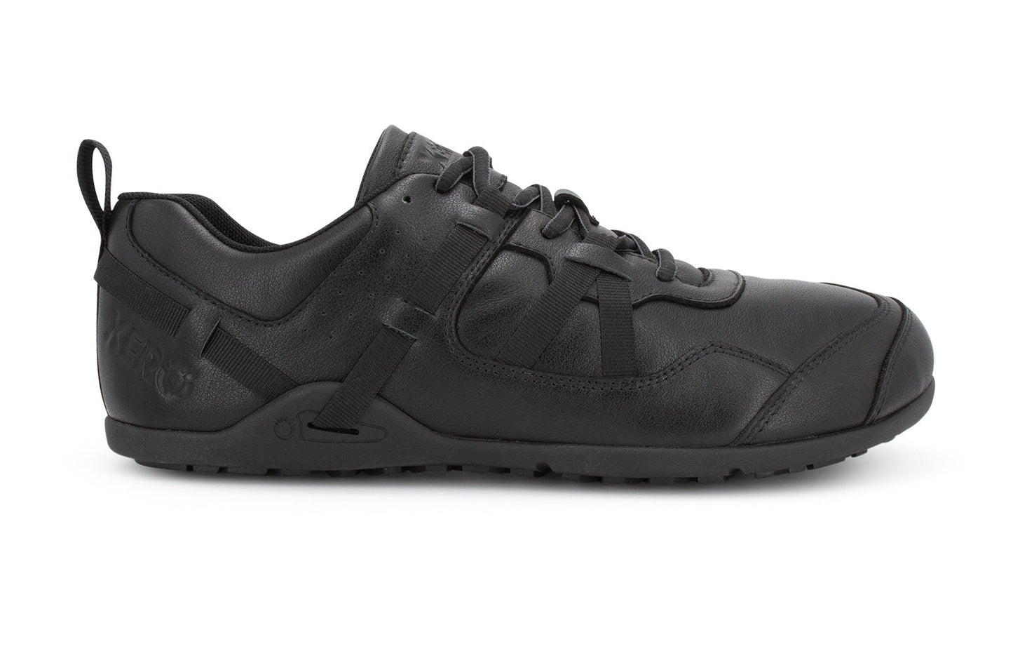 Xero Shoes Canada, specifically men’s barefoot shoes Canada. These minimalist shoes have flexible soles, wide toe boxes, and zero drop. Lateral side view of Xero Men's Prio All-Day SR in Black. Slip resistant work shoe.
