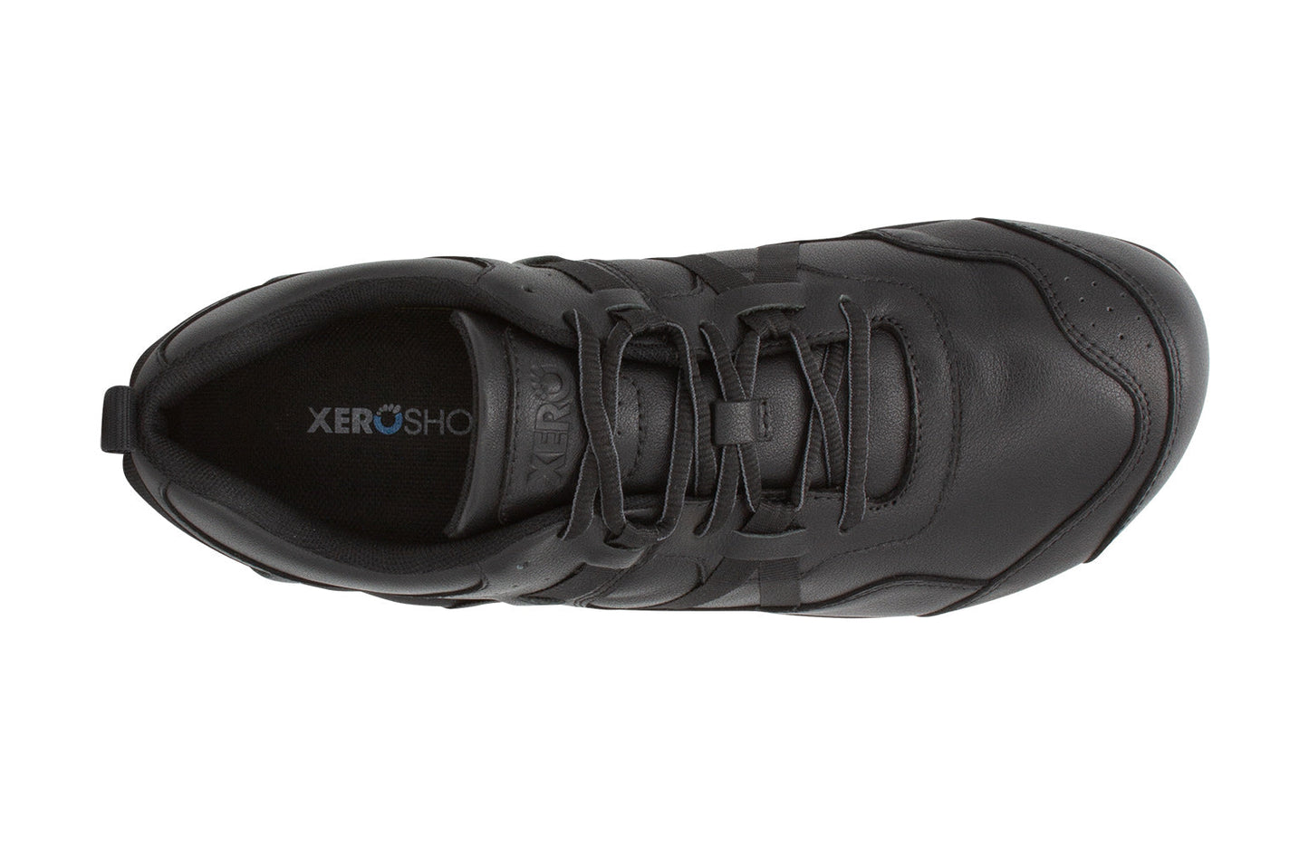 Xero Shoes Canada, specifically men’s barefoot shoes Canada. These minimalist shoes have flexible soles, wide toe boxes, and zero drop. Top view of Xero Men's Prio All-Day SR in Black. Slip resistant work shoe.