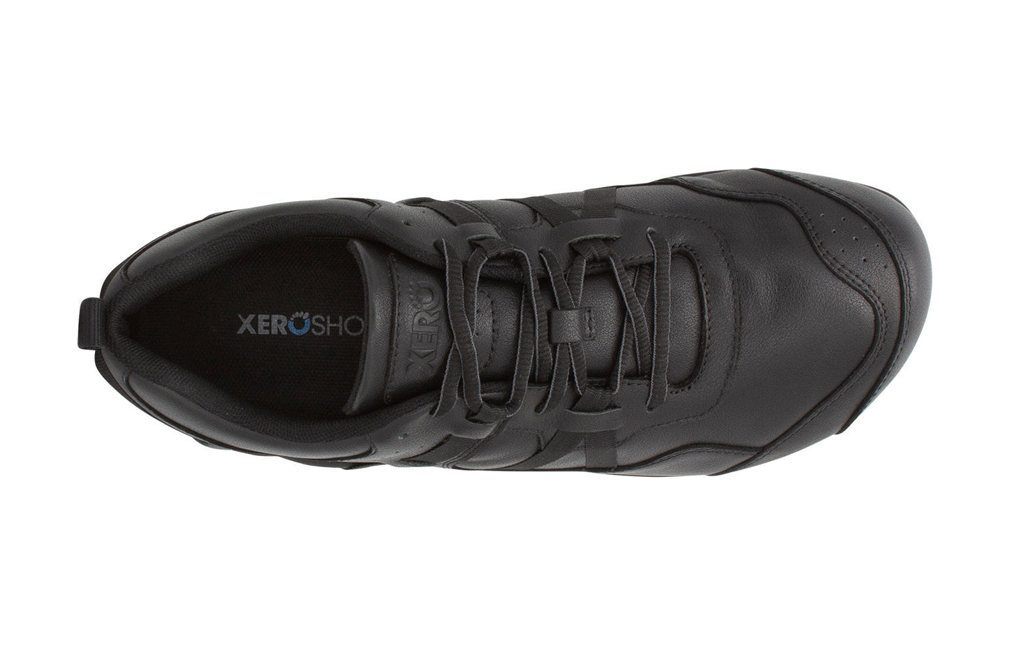 Xero Shoes Canada, specifically women’s barefoot shoes Canada. These minimalist shoes have flexible soles, wide toe boxes, and zero drop. Top view of Xero Women's Prio All-Day SR in Black. Slip resistant work shoe.