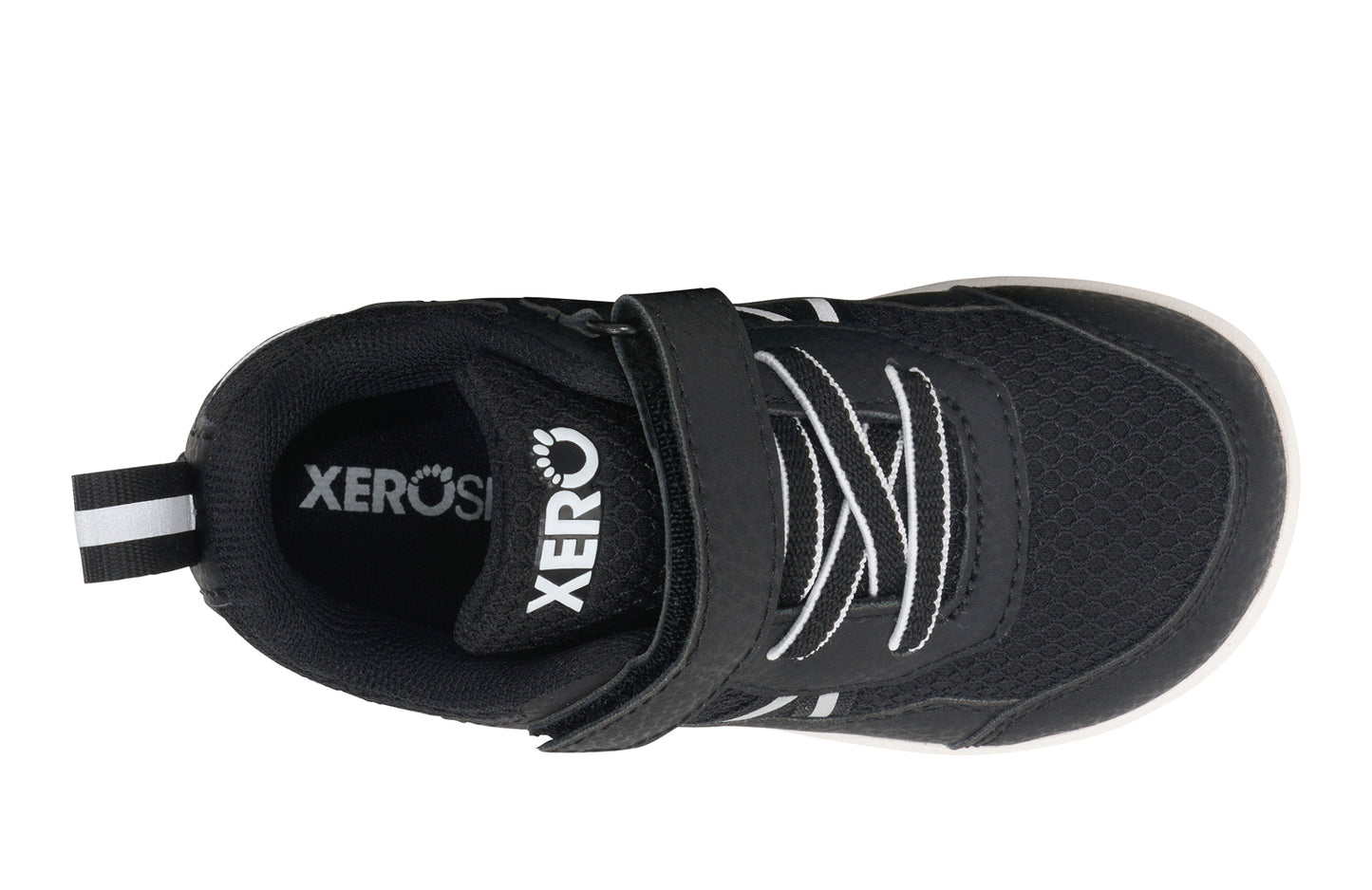 Xero Barefoot Shoes for little kids sold in Ontario, Canada. These minimalist shoes have flexible soles, wide toe boxes, and zero drop. Top view of Xero Little Kid's Prio in Black/White. Casual kid's sneaker.