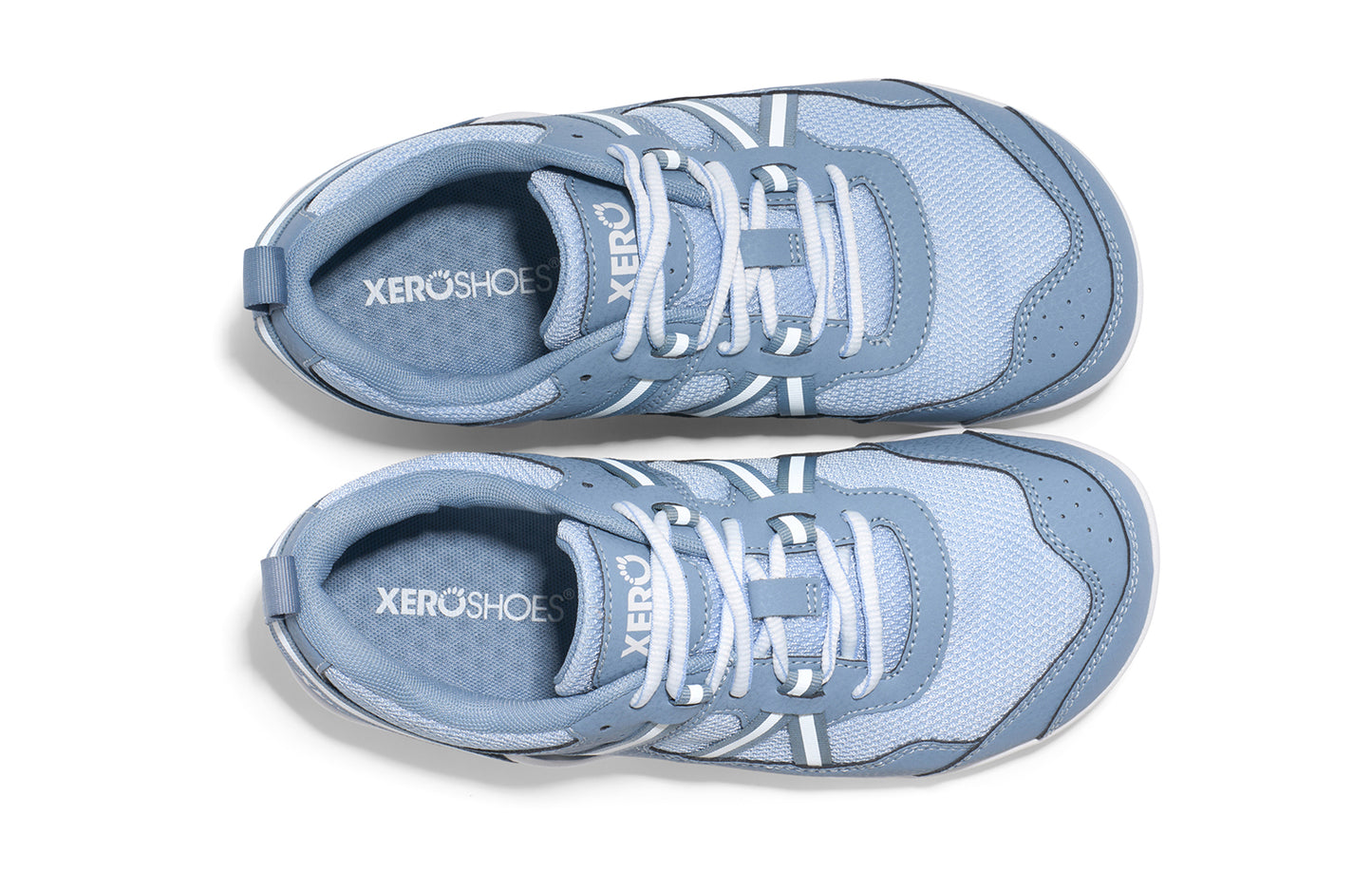 Xero Shoes Canada, specifically women’s barefoot shoes Canada. These minimalist shoes have flexible soles, wide toe boxes, and zero drop. Top view of Xero Women's Prio in Dusty Blue. A running and fitness shoe.