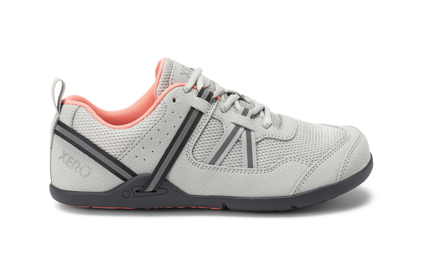 Xero Shoes Canada, specifically women’s barefoot shoes Canada. These minimalist shoes have flexible soles, wide toe boxes, and zero drop. Side view of Xero Women's Prio in Lunar Rock. A running and fitness shoe.