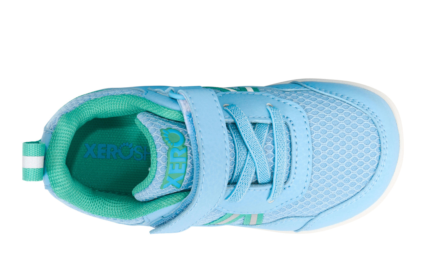Xero Barefoot Shoes for little kids sold in Ontario, Canada. These minimalist shoes have flexible soles, wide toe boxes, and zero drop. Top view of Xero Little Kid's Prio in Milky Blue. Casual kid's sneaker.