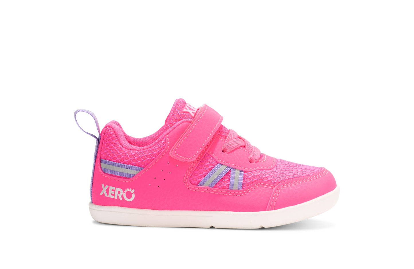 Xero Barefoot Shoes for little kids sold in Ontario, Canada. These minimalist shoes have flexible soles, wide toe boxes, and zero drop. Side view of Xero Little Kid's Prio in Pink. Casual kid's sneaker.