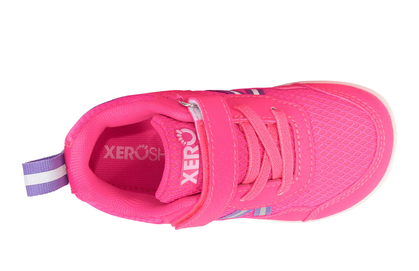 Xero Barefoot Shoes for little kids sold in Ontario, Canada. These minimalist shoes have flexible soles, wide toe boxes, and zero drop. Top view of Xero Little Kid's Prio in Pink. Casual kid's sneaker.