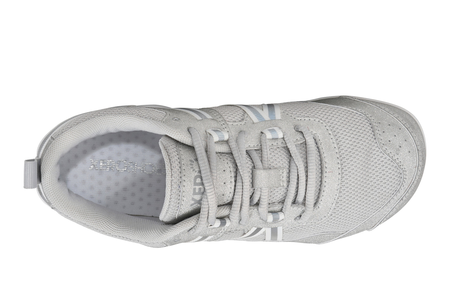 Xero Shoes Canada, specifically women’s barefoot shoes Canada. These minimalist shoes have flexible soles, wide toe boxes, and zero drop. Top view of Xero Women's Prio in Silver Glitter. A running and fitness shoe.