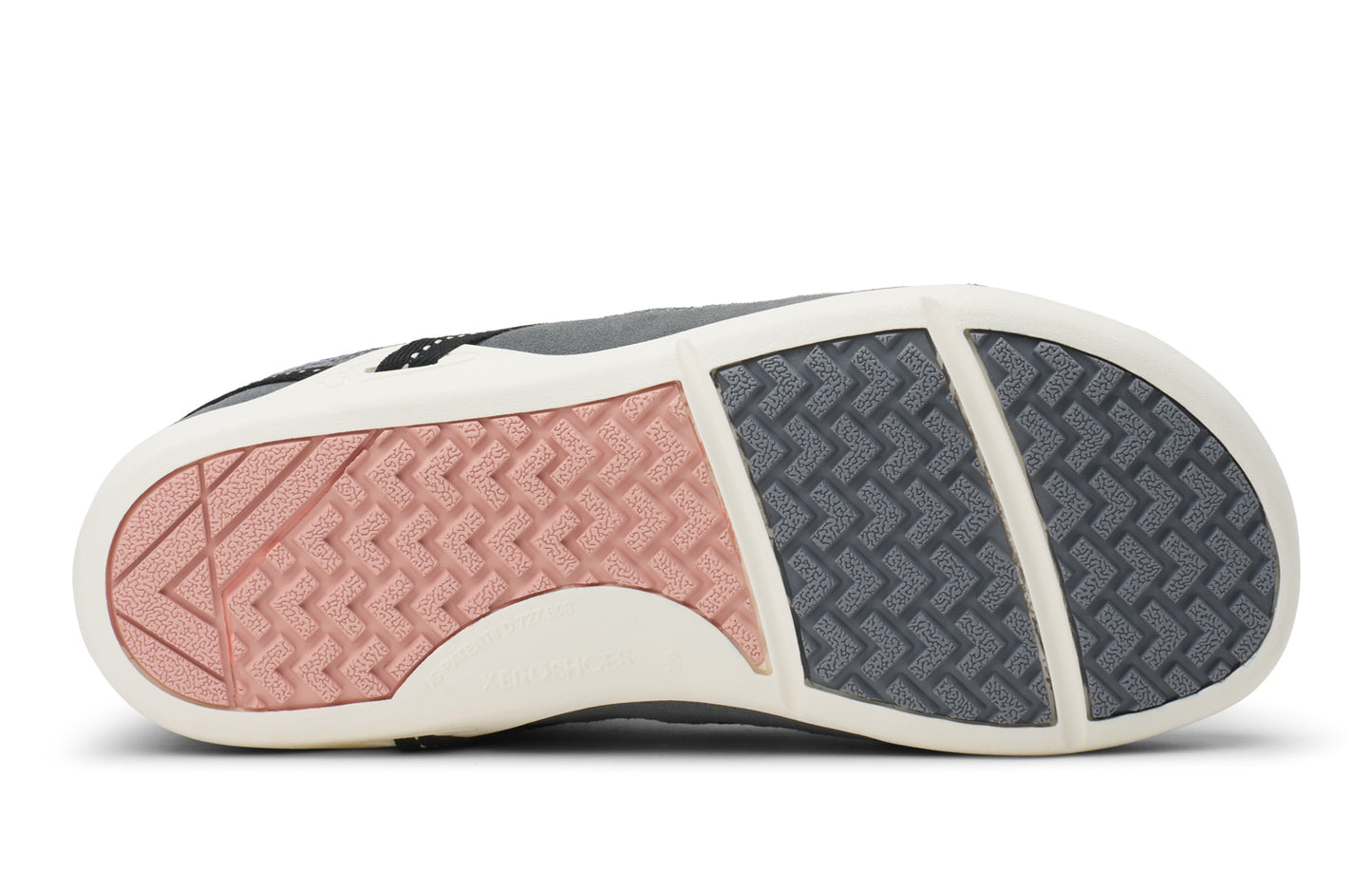 Close-up of a shoe sole with pink, gray, and white color pattern on a white background. Tru Stride Co brings Xero Shoes to Canada
