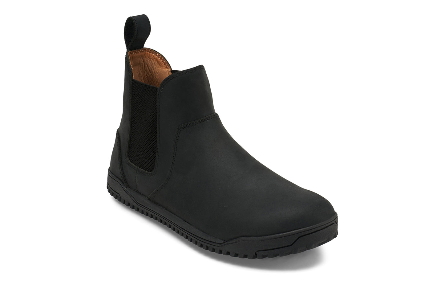 Xero Barefoot Shoes sold in Ontario, Canada. These minimalist shoes have flexible soles, wide toe boxes, and zero drop. Angled view of Men's Ridgeway Chelsea in Black, a versatile boot.