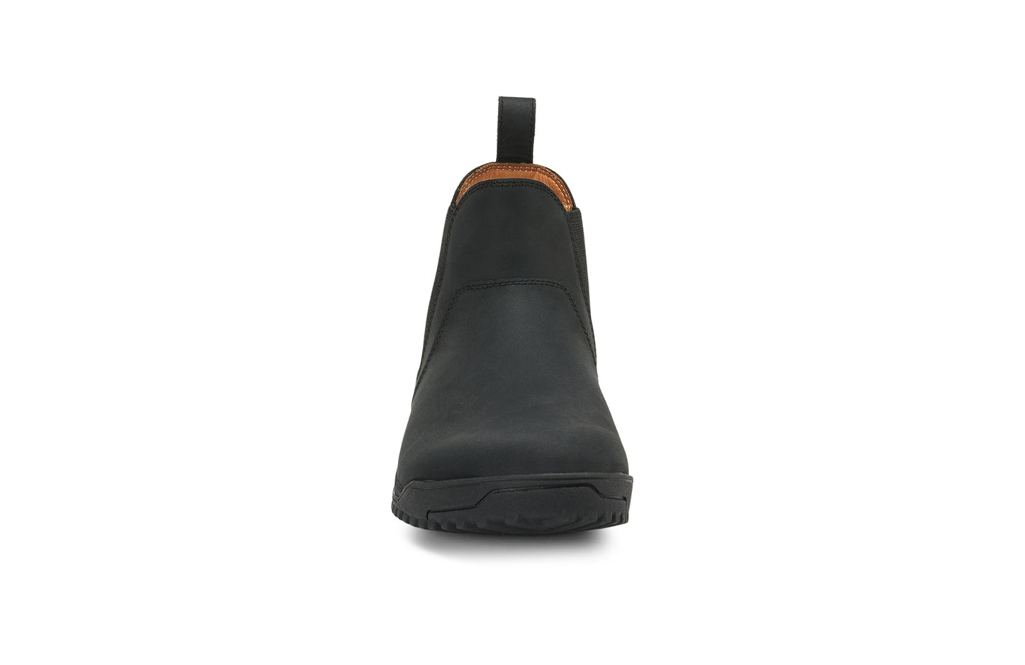 Xero Barefoot Shoes sold in Ontario, Canada. These minimalist shoes have flexible soles, wide toe boxes, and zero drop. Front view of Men's Ridgeway Chelsea in Black, a versatile boot.