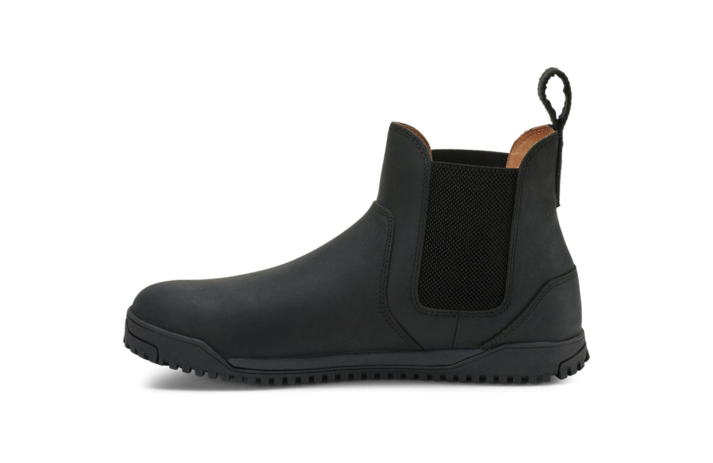 Xero Barefoot Shoes sold in Ontario, Canada. These minimalist shoes have flexible soles, wide toe boxes, and zero drop. Side view of Men's Ridgeway Chelsea in Black, a versatile boot.