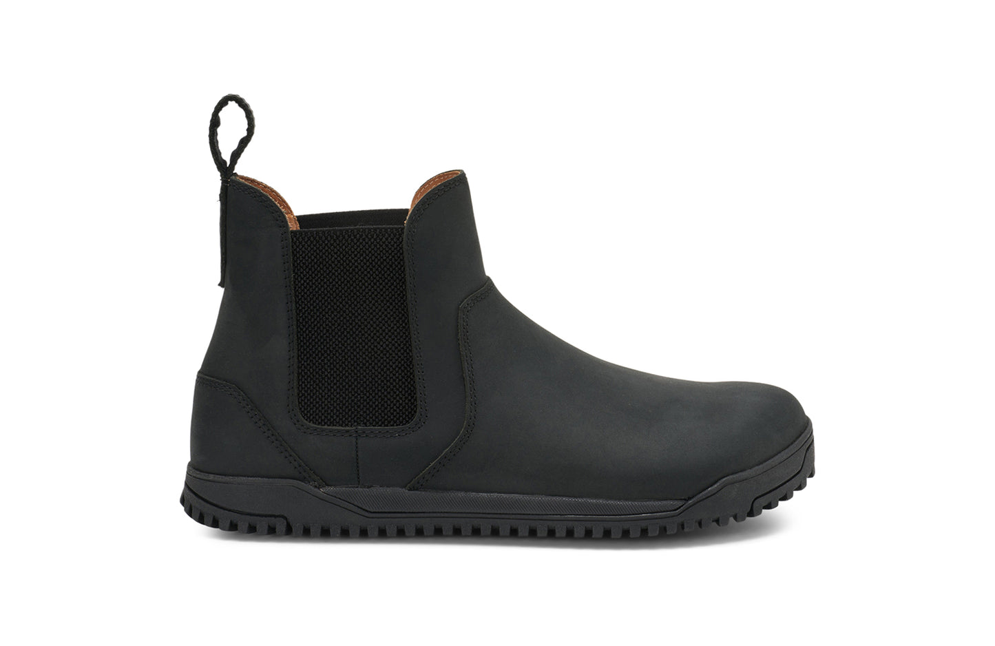Xero Barefoot Shoes sold in Ontario, Canada. These minimalist shoes have flexible soles, wide toe boxes, and zero drop. Lateral side view of Men's Ridgeway Chelsea in Black, a versatile boot.
