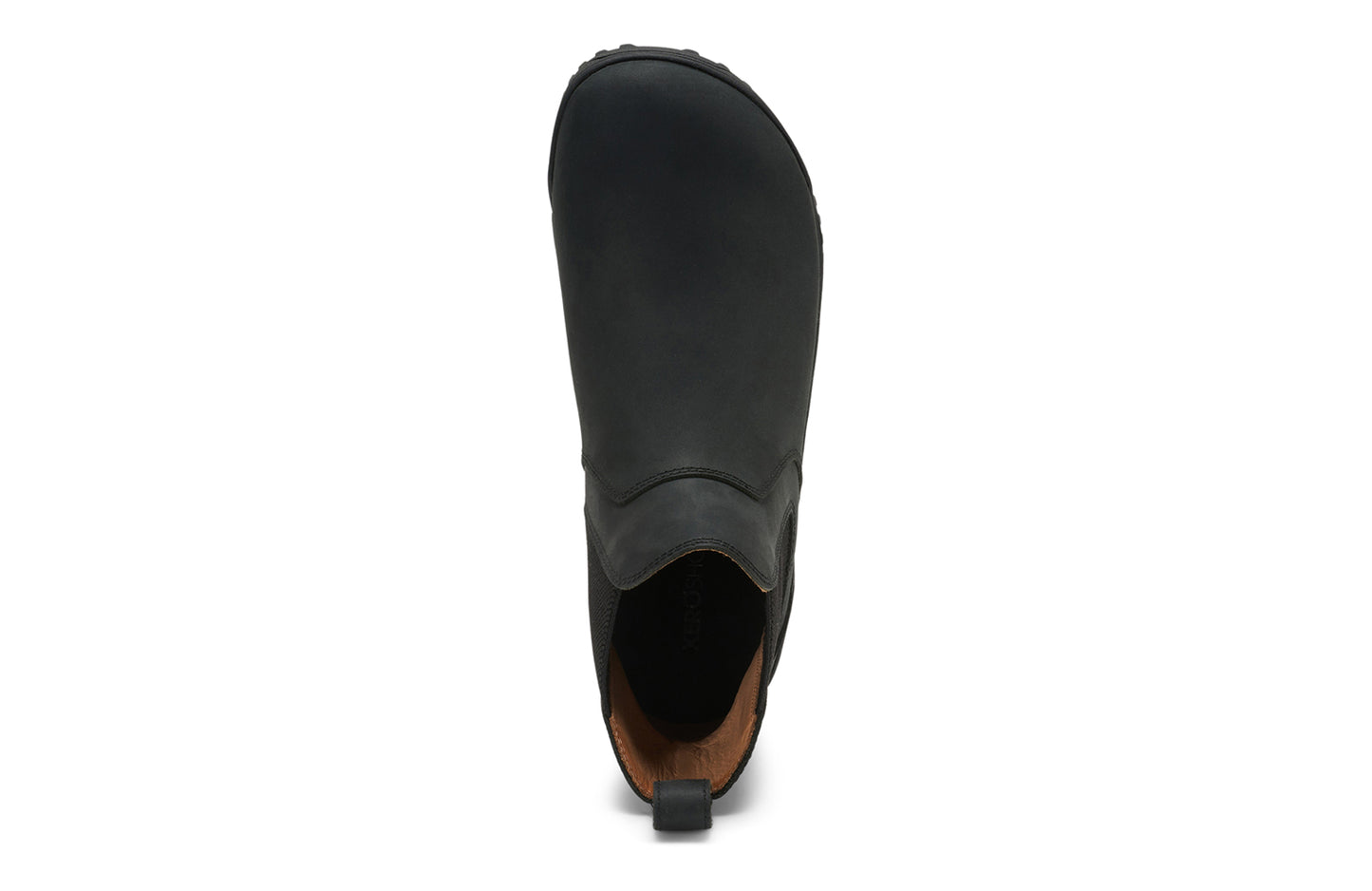 Xero Barefoot Shoes sold in Ontario, Canada. These minimalist shoes have flexible soles, wide toe boxes, and zero drop. Top view of Men's Ridgeway Chelsea in Black, a versatile boot.