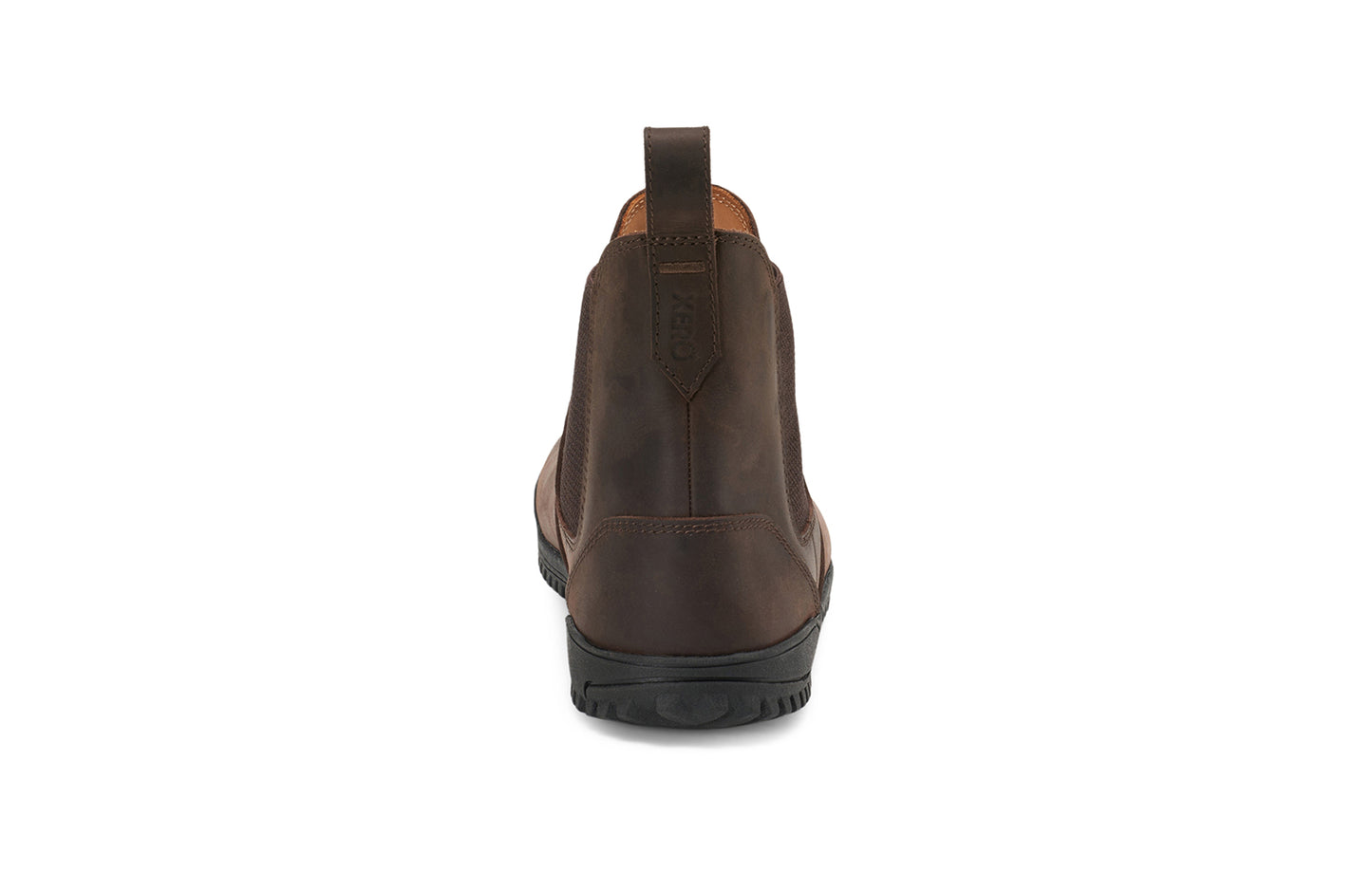 Xero Barefoot Shoes sold in Ontario, Canada. These minimalist shoes have flexible soles, wide toe boxes, and zero drop. Back view of Men's Ridgeway Chelsea in Dark Brown, a versatile boot.