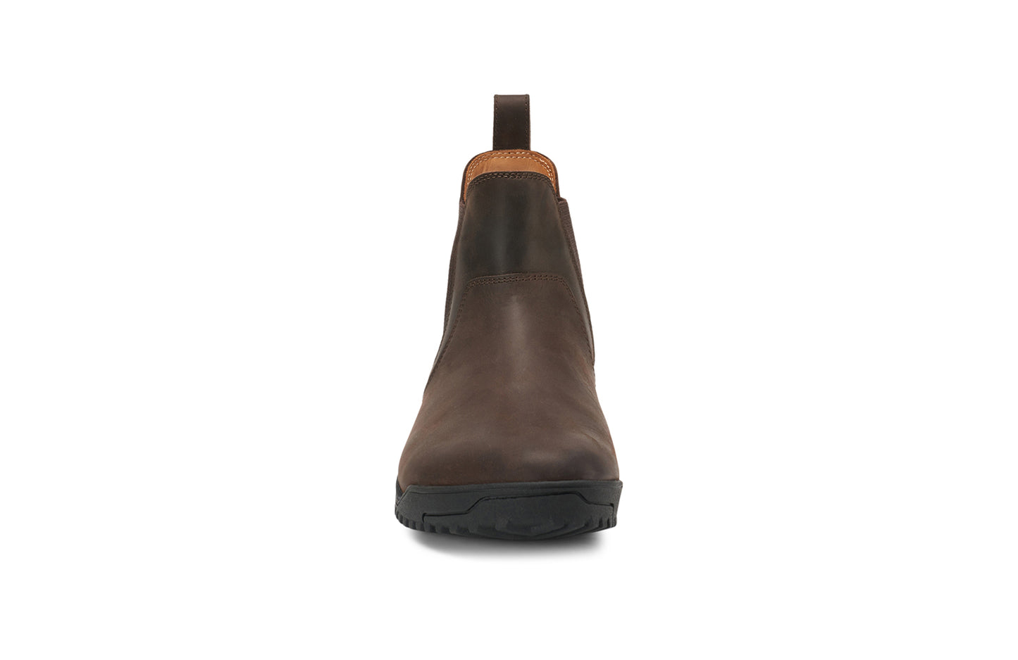 Xero Barefoot Shoes sold in Ontario, Canada. These minimalist shoes have flexible soles, wide toe boxes, and zero drop. Front view of Men's Ridgeway Chelsea in Dark Brown, a versatile boot.
