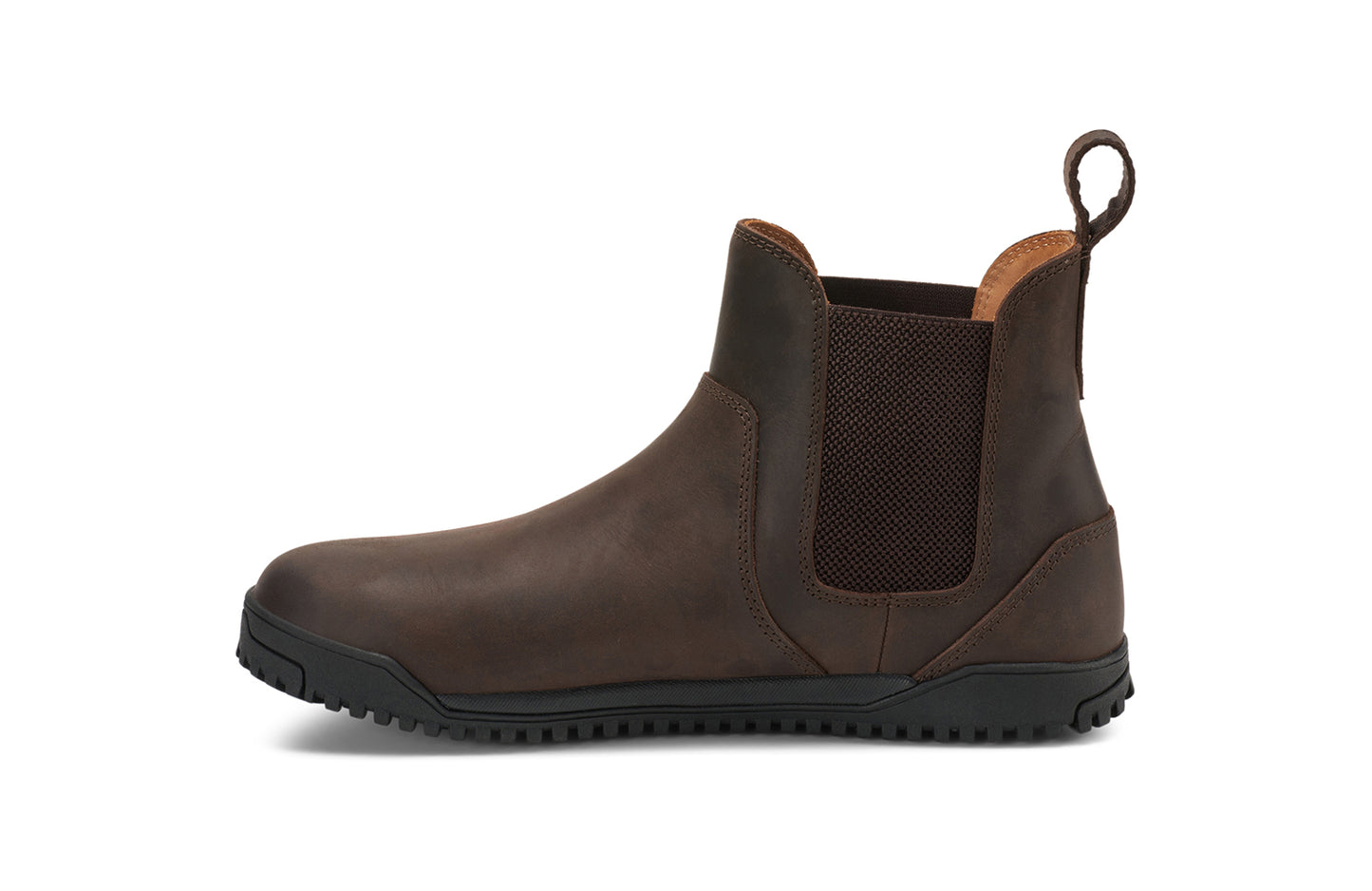 Xero Barefoot Shoes sold in Ontario, Canada. These minimalist shoes have flexible soles, wide toe boxes, and zero drop. Medial side view of Men's Ridgeway Chelsea in Dark Brown, a versatile boot.