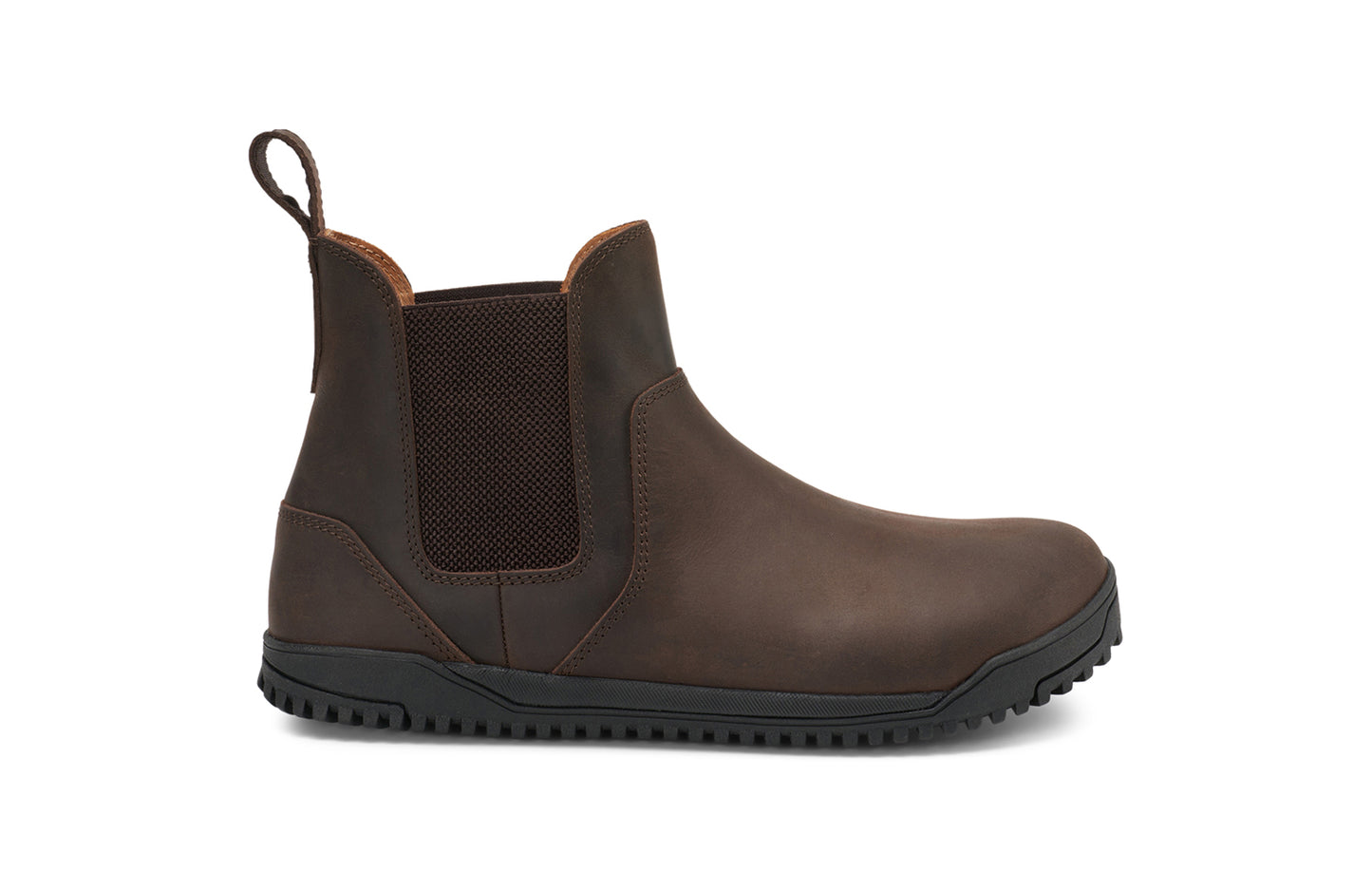 Xero Barefoot Shoes sold in Ontario, Canada. These minimalist shoes have flexible soles, wide toe boxes, and zero drop. Lateral view of Men's Ridgeway Chelsea in Dark Brown, a versatile boot.