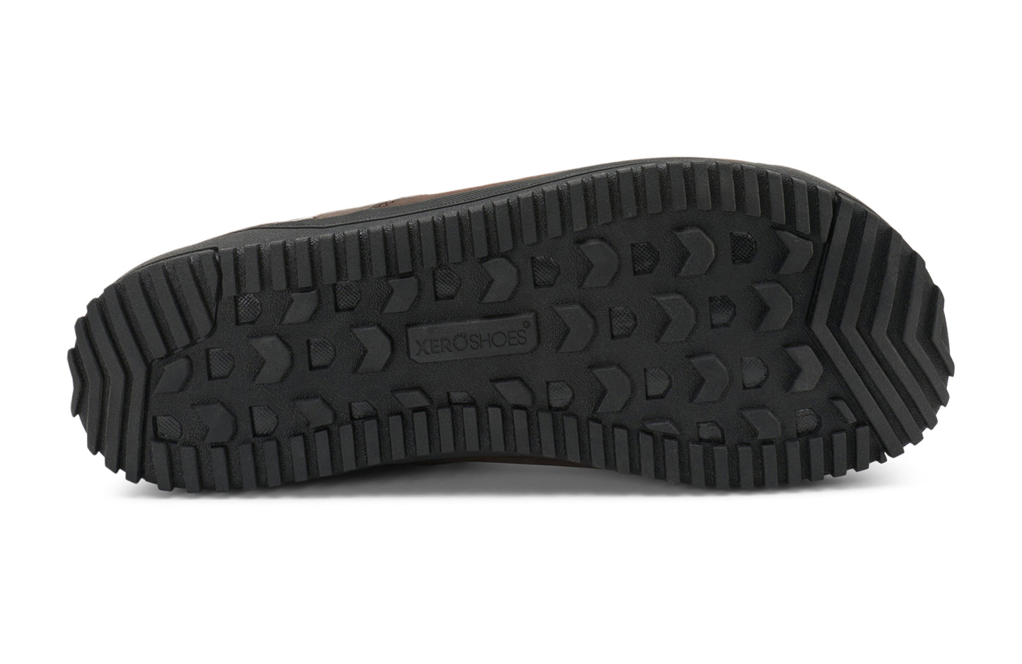 Xero Barefoot Shoes sold in Ontario, Canada. These minimalist shoes have flexible soles, wide toe boxes, and zero drop. Sole view of Men's Ridgeway Chelsea in Dark Brown, a versatile boot.
