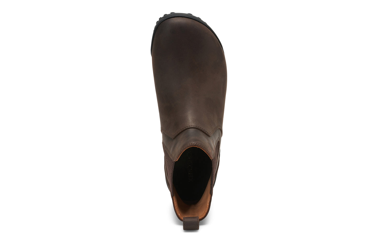 Xero Barefoot Shoes sold in Ontario, Canada. These minimalist shoes have flexible soles, wide toe boxes, and zero drop. Top view of Men's Ridgeway Chelsea in Dark Brown, a versatile boot.